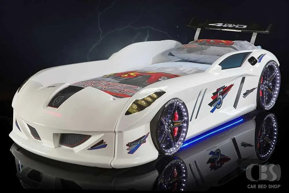 Ліжко машина MUSVENUS Jaguar Speedy boy white MAXI - підсвічування фар, коліс, дна, звук, пульт